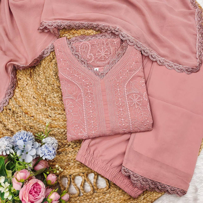 Peach Georgette Chikankari Embroidery Palazzo Set