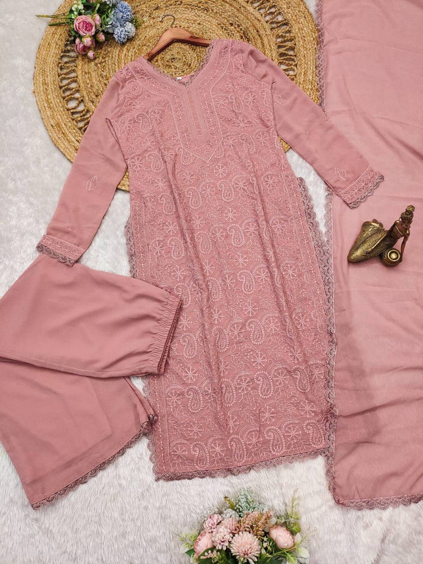 Peach Georgette Chikankari Embroidery Palazzo Set