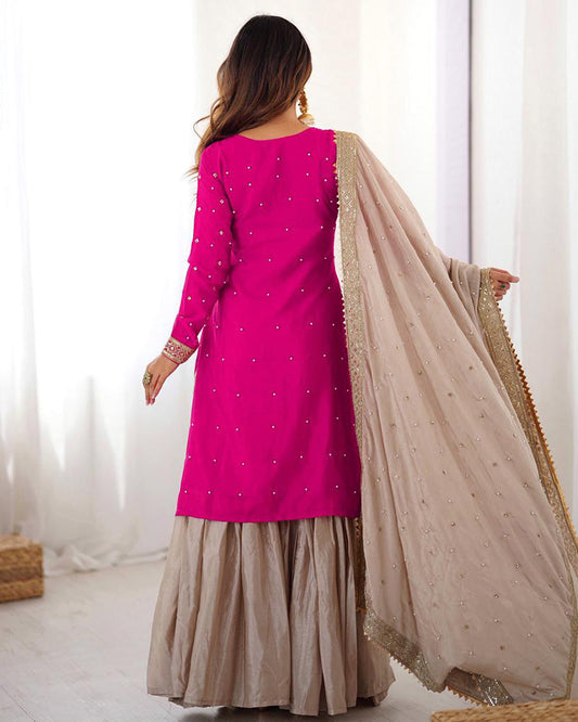 Pink Color Chinon Silk Embroidered Sharara Suit