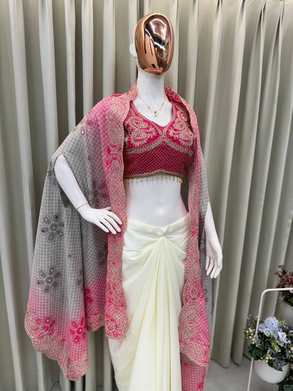 Pink Embroidered Blouse with Cream Drape Skirt & Matching Dupatta Indo Western