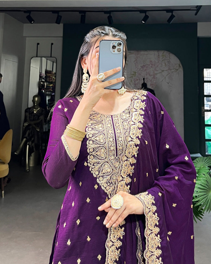 Purple Color Vichitra Silk Embroidered Three Piece Salwar Suit