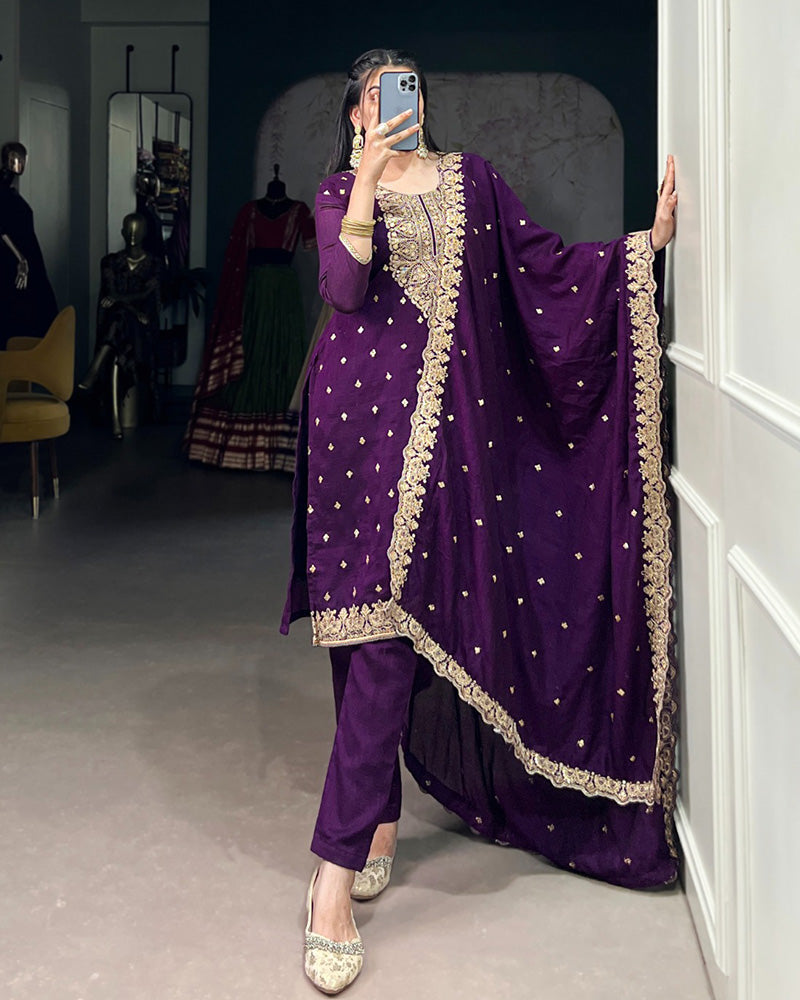 Purple Color Vichitra Silk Embroidered Three Piece Salwar Suit