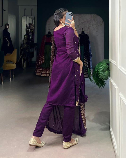 Purple Color Vichitra Silk Embroidered Three Piece Salwar Suit