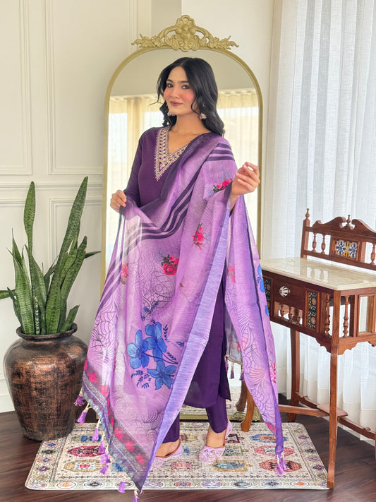 Purple Embroidered Silk Blend Straight Suit Set With Dupatta