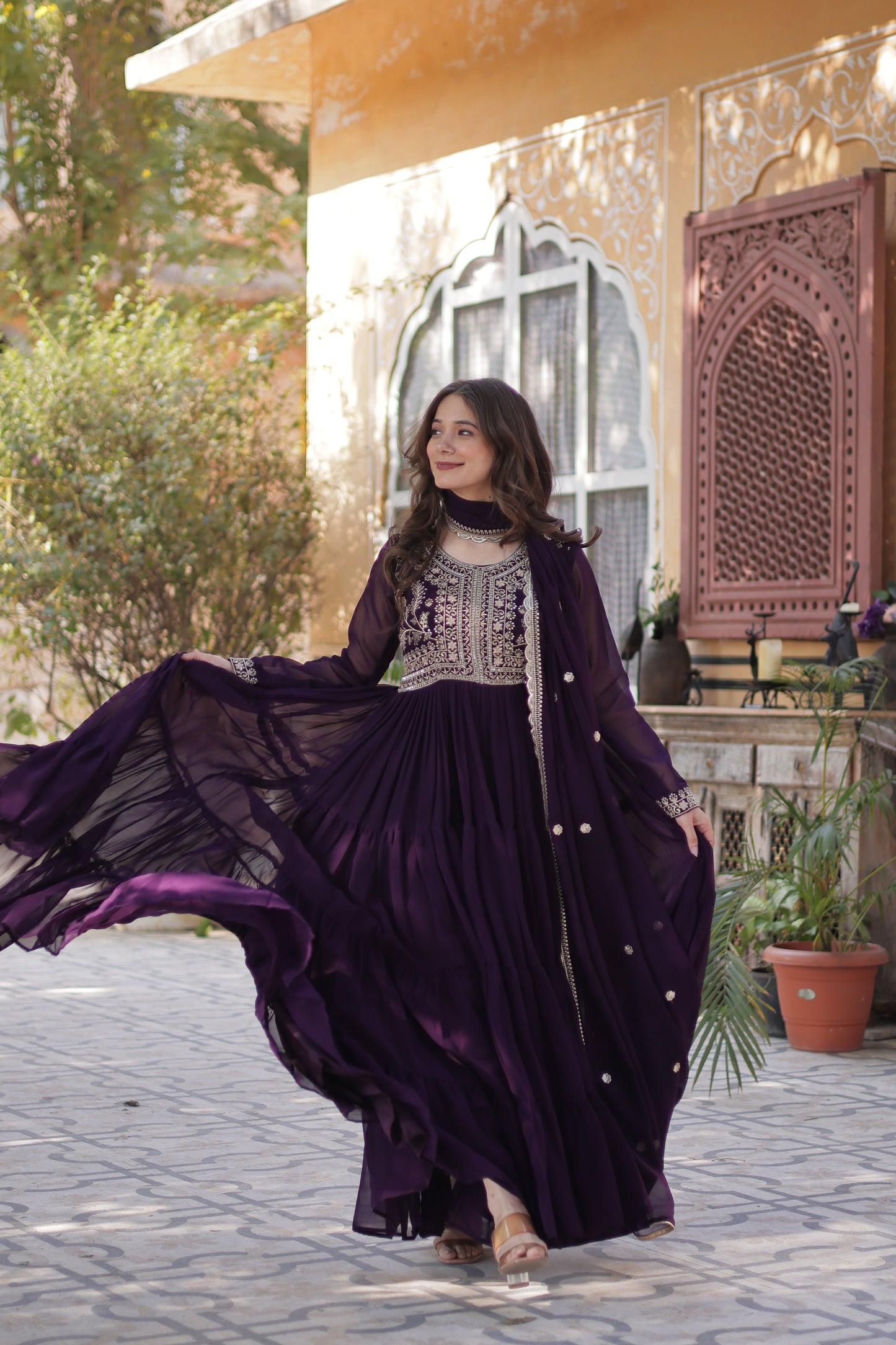 Purple Georgette Embroidered Ethnic Dress