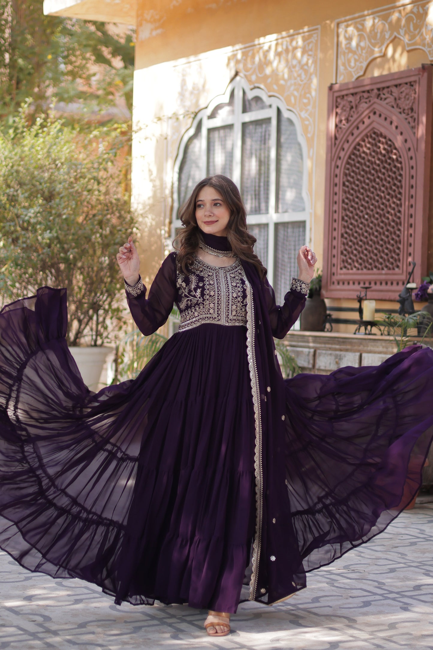 Purple Georgette Embroidered Ethnic Dress