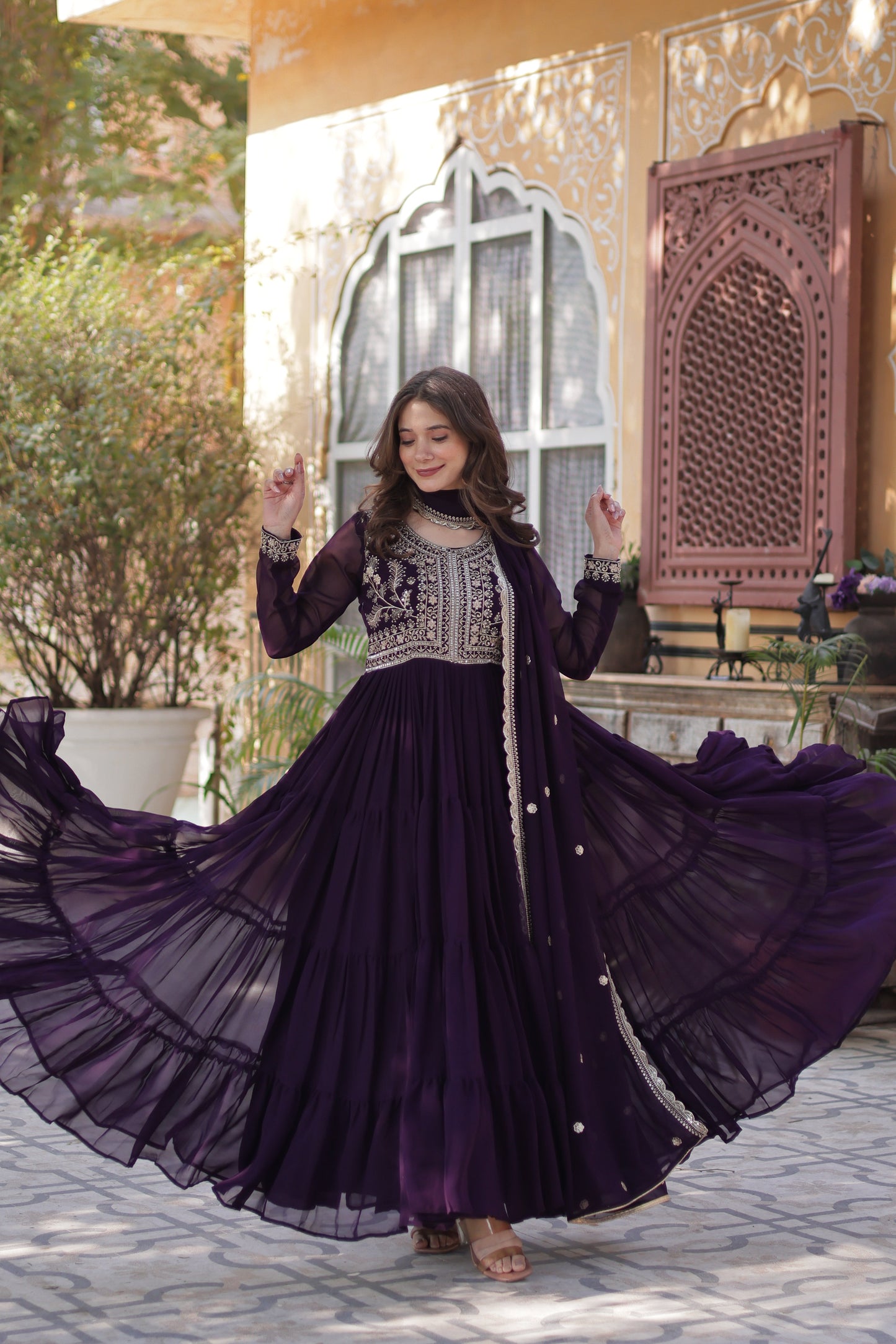 Purple Georgette Embroidered Ethnic Dress