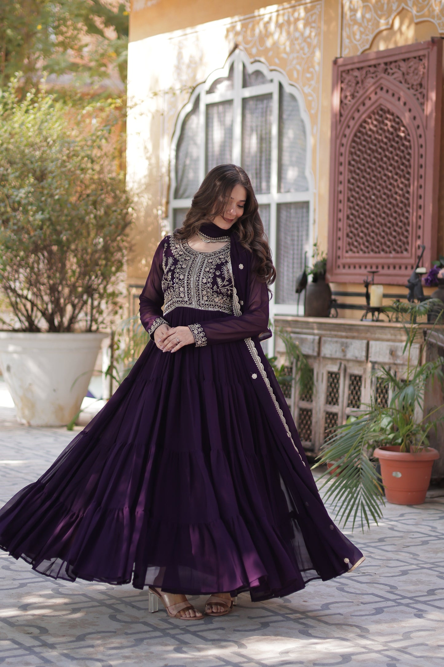 Purple Georgette Embroidered Ethnic Dress
