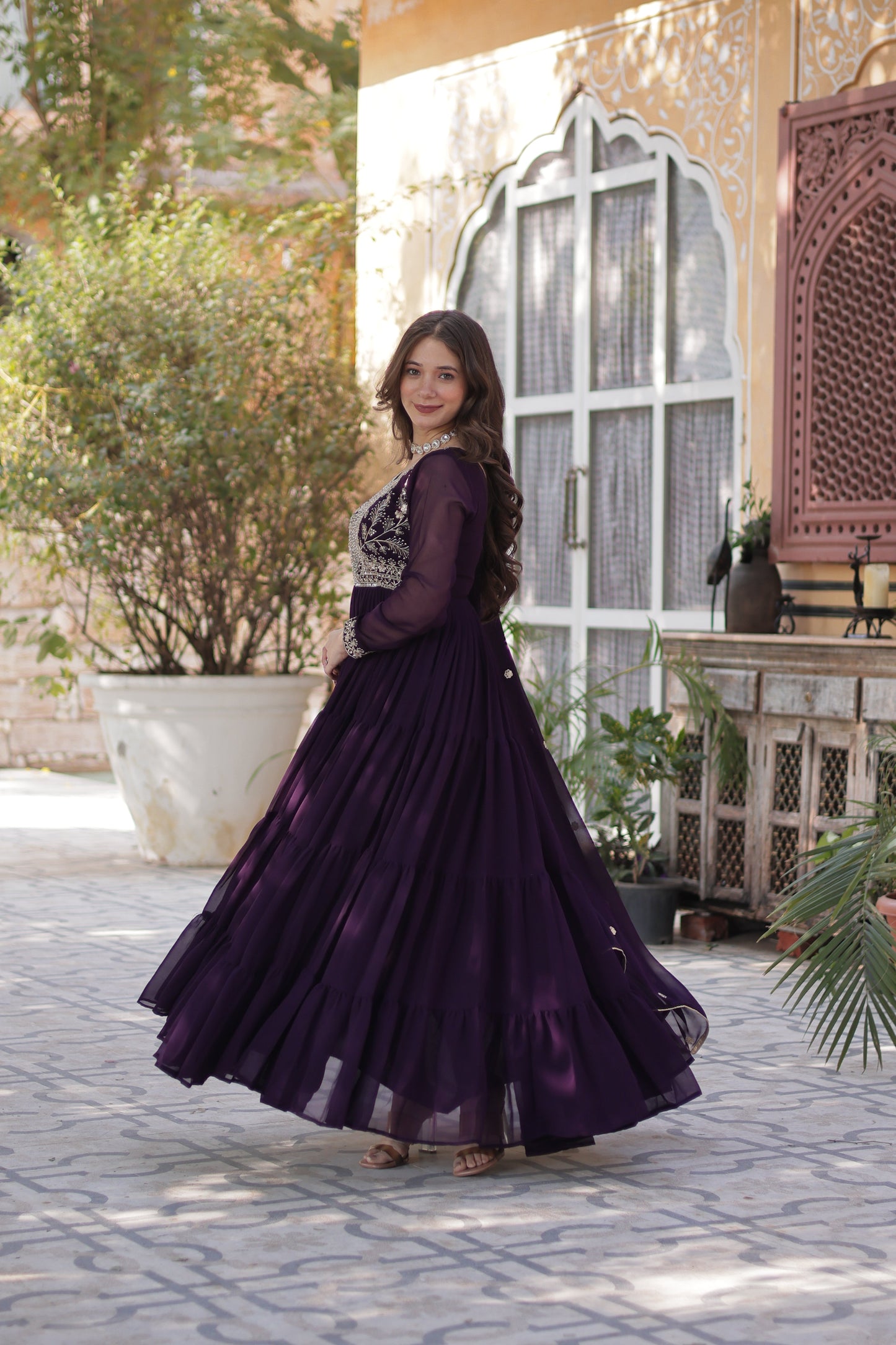 Purple Georgette Embroidered Ethnic Dress