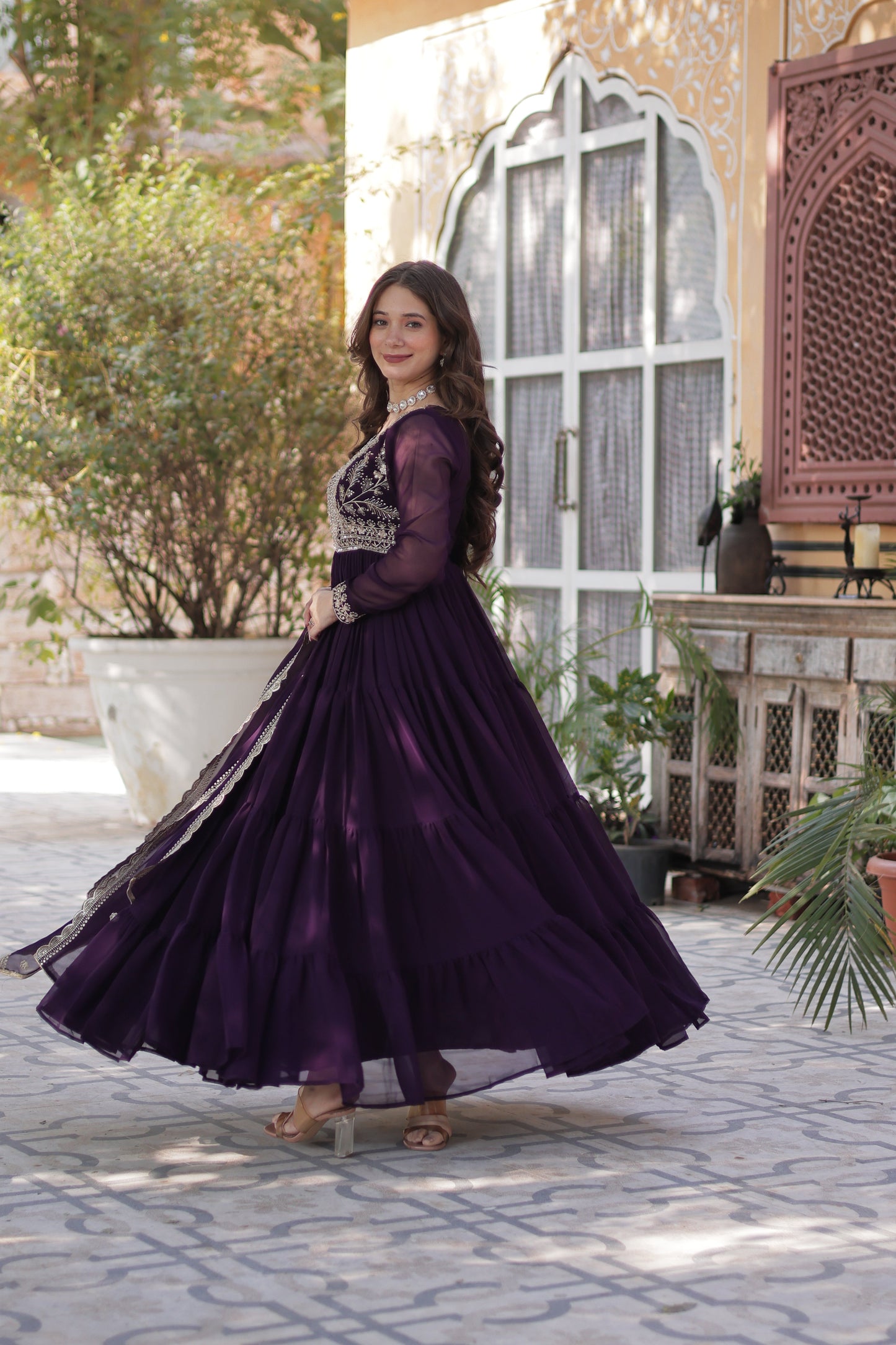 Purple Georgette Embroidered Ethnic Dress