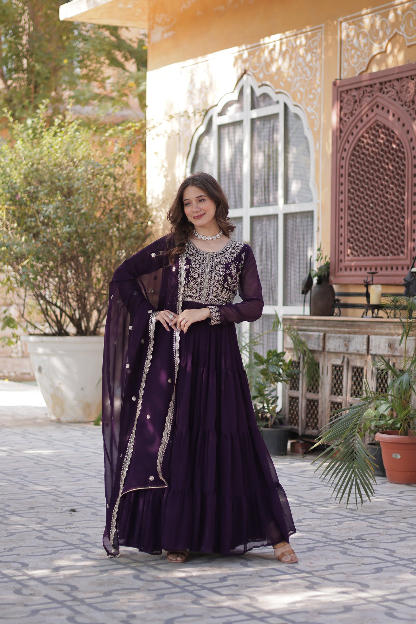 Purple Georgette Embroidered Ethnic Dress
