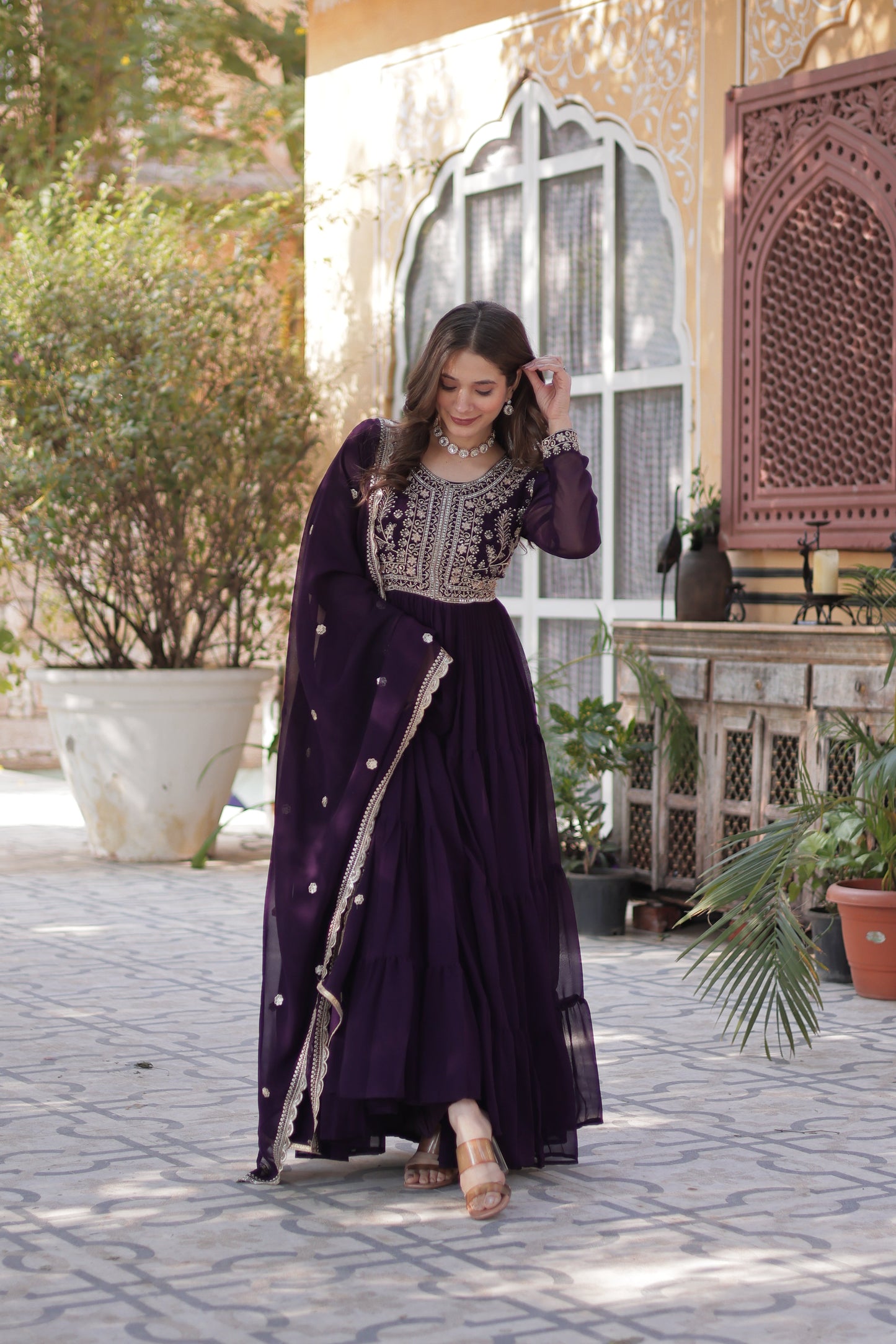 Purple Georgette Embroidered Ethnic Dress