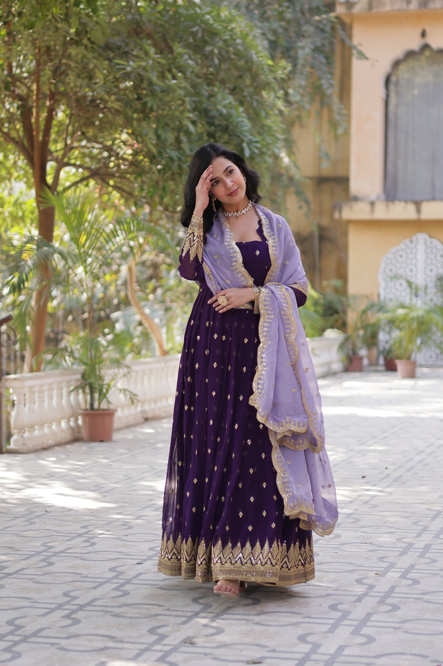 Purple Georgette Embroidered Work Gown With Dupatta