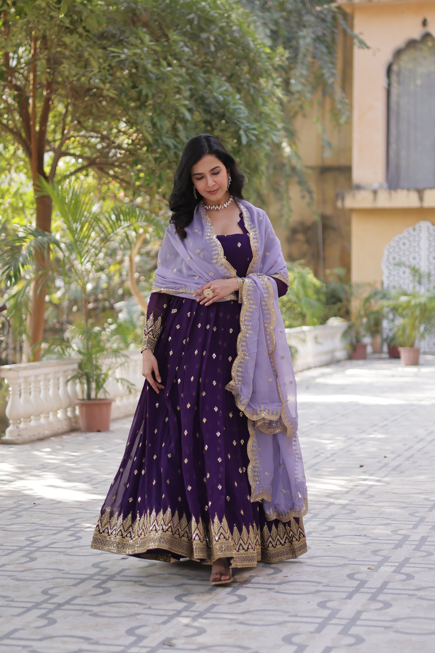 Purple Georgette Embroidered Work Gown With Dupatta