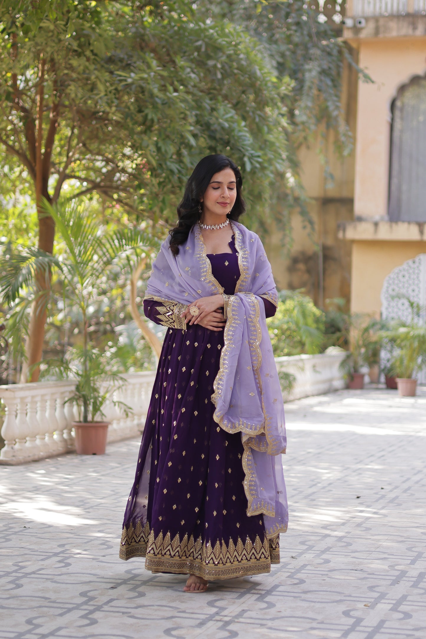 Purple Georgette Embroidered Work Gown With Dupatta