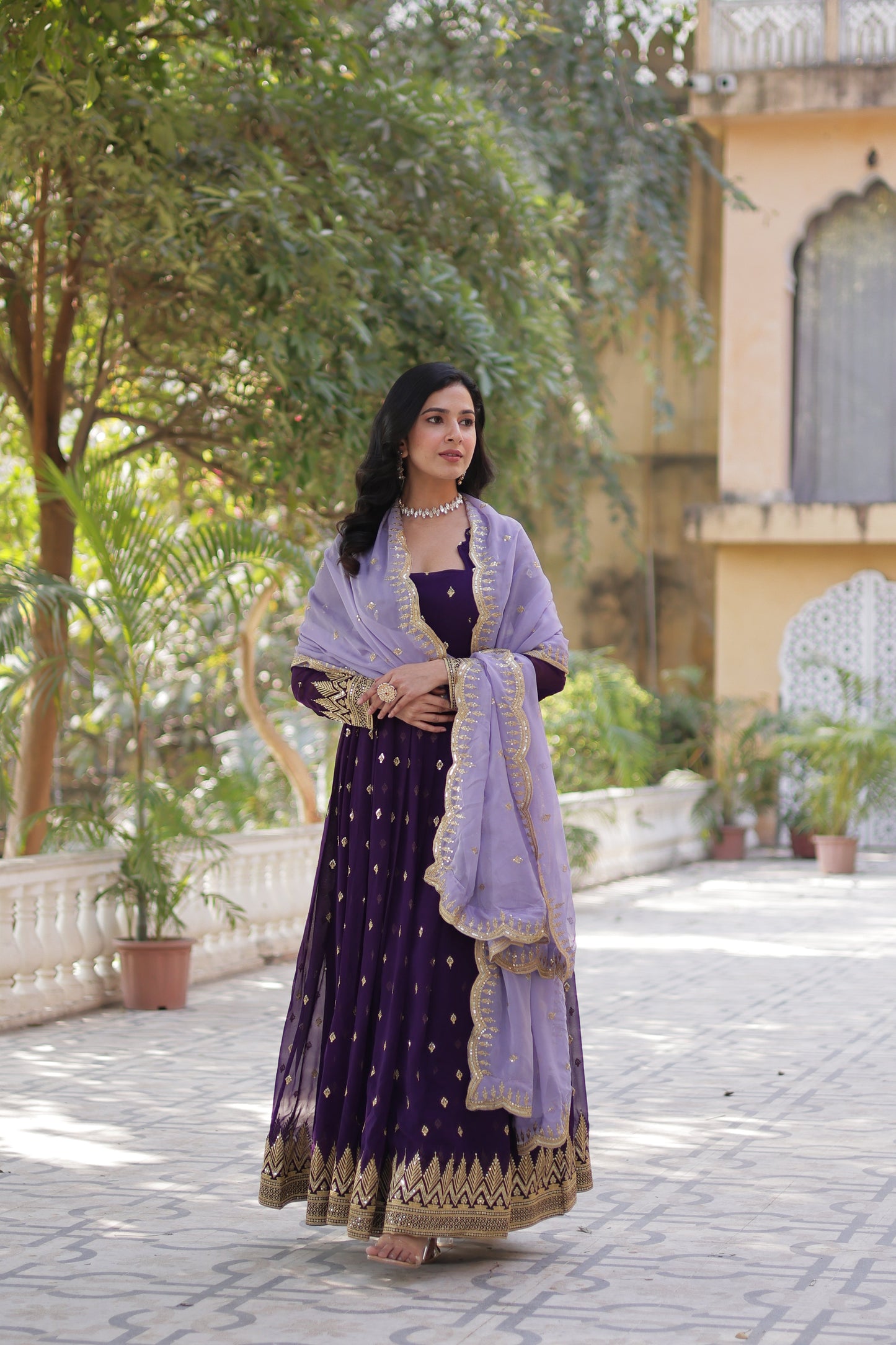 Purple Georgette Embroidered Work Gown With Dupatta