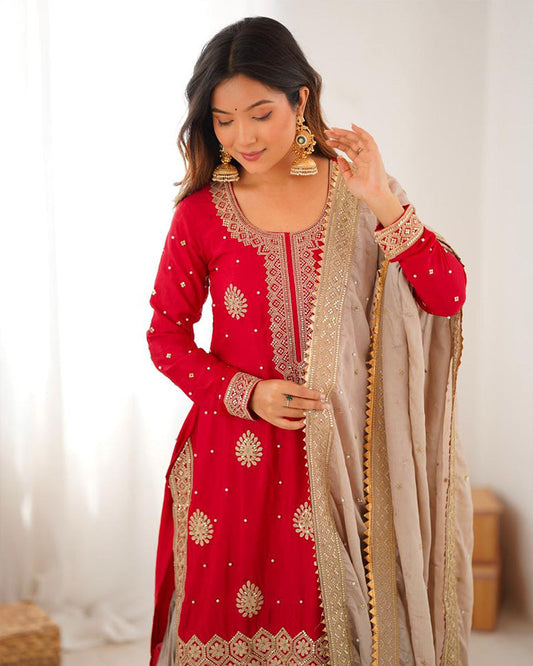 Red Color Chinon Silk Embroidered Sharara Suit