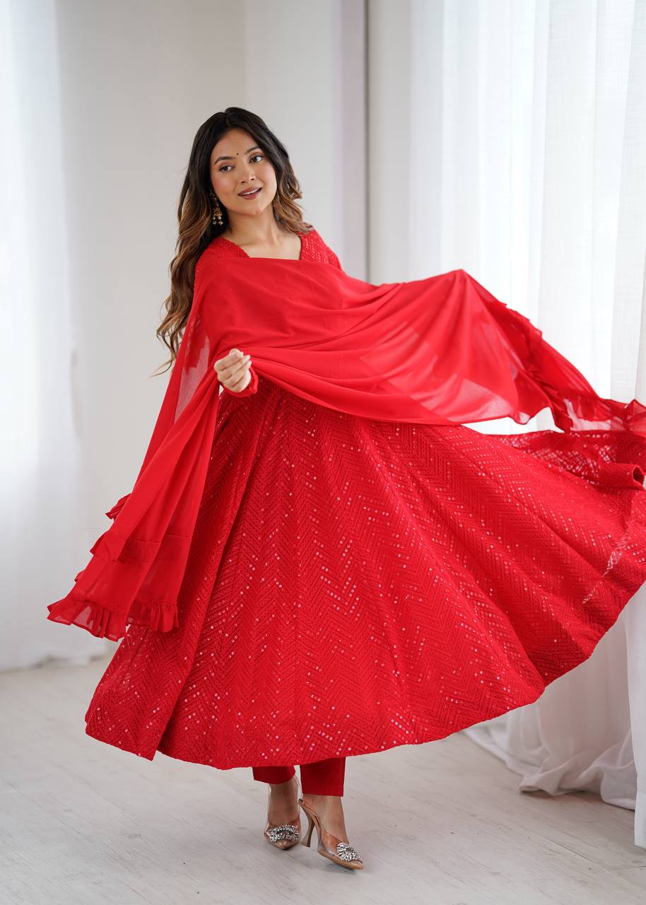 Red Color Lucknowi Work Anarkali Suit with Ruffle Dupatta