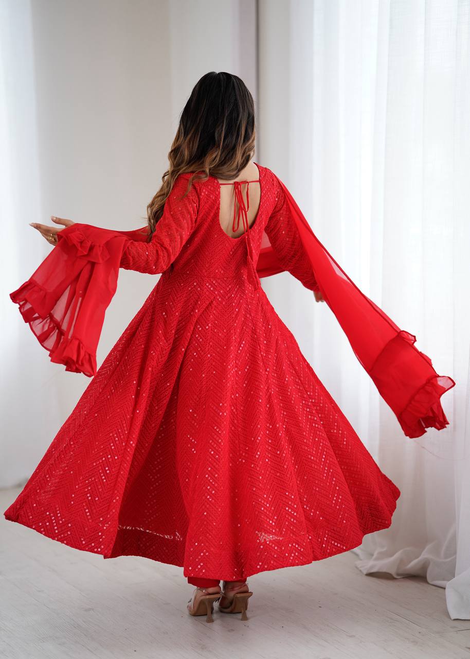 Red Color Lucknowi Work Anarkali Suit with Ruffle Dupatta