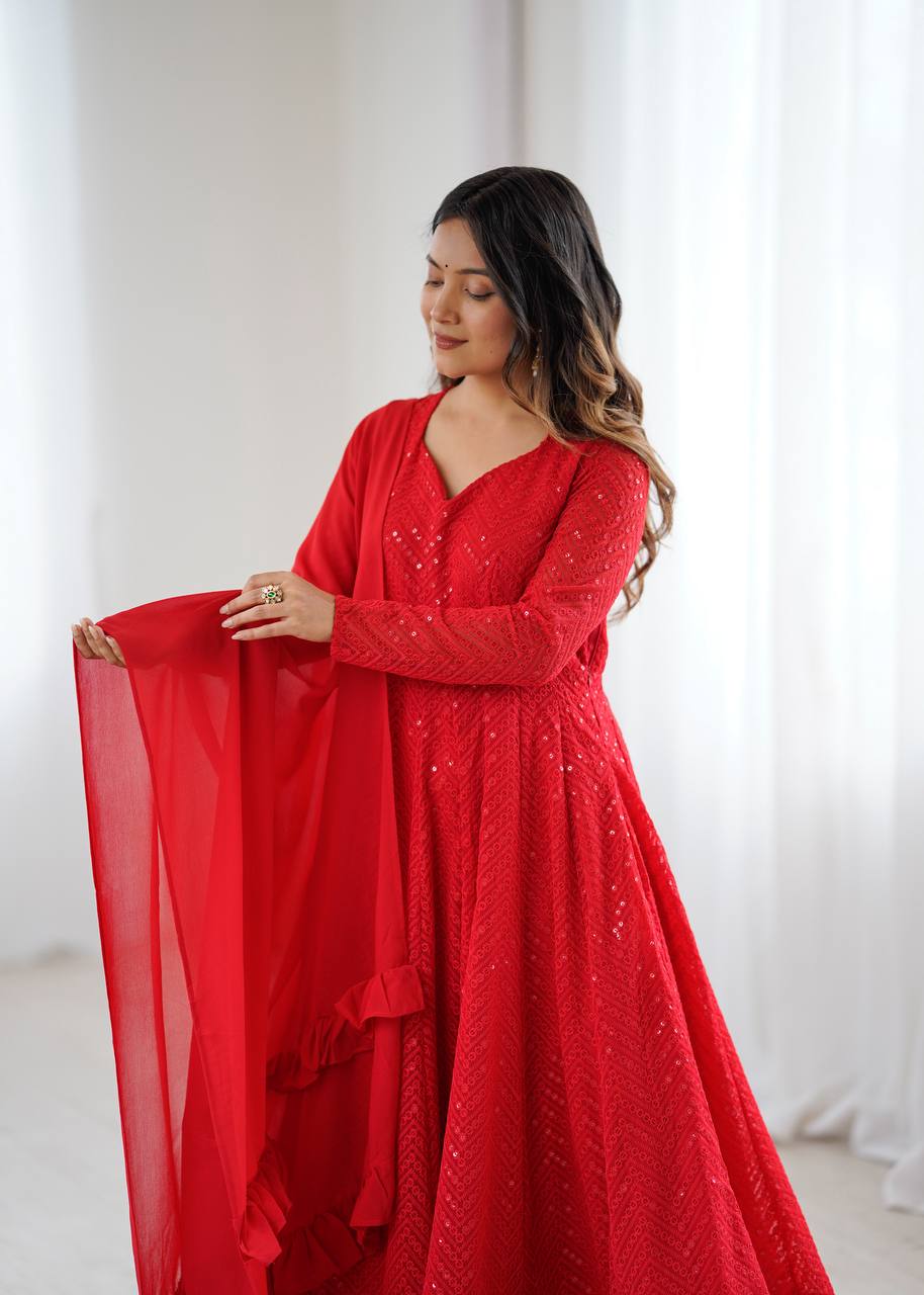 Red Color Lucknowi Work Anarkali Suit with Ruffle Dupatta