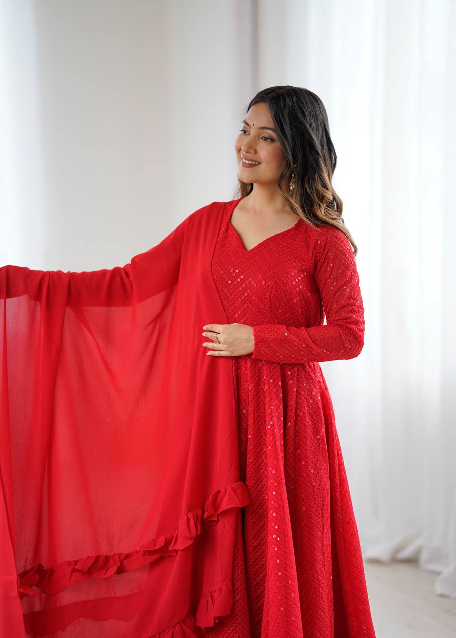 Red Color Lucknowi Work Anarkali Suit with Ruffle Dupatta