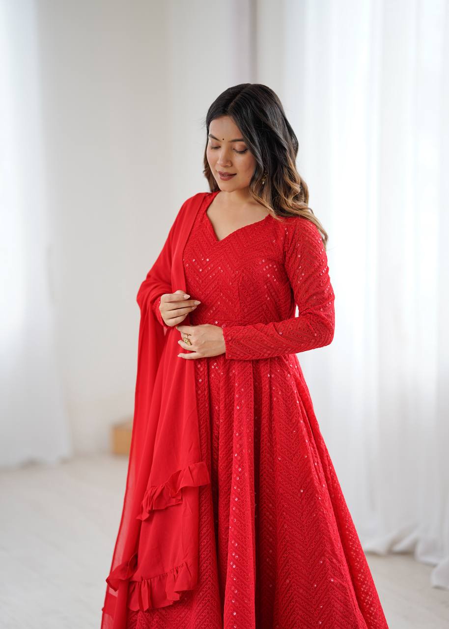 Red Color Lucknowi Work Anarkali Suit with Ruffle Dupatta