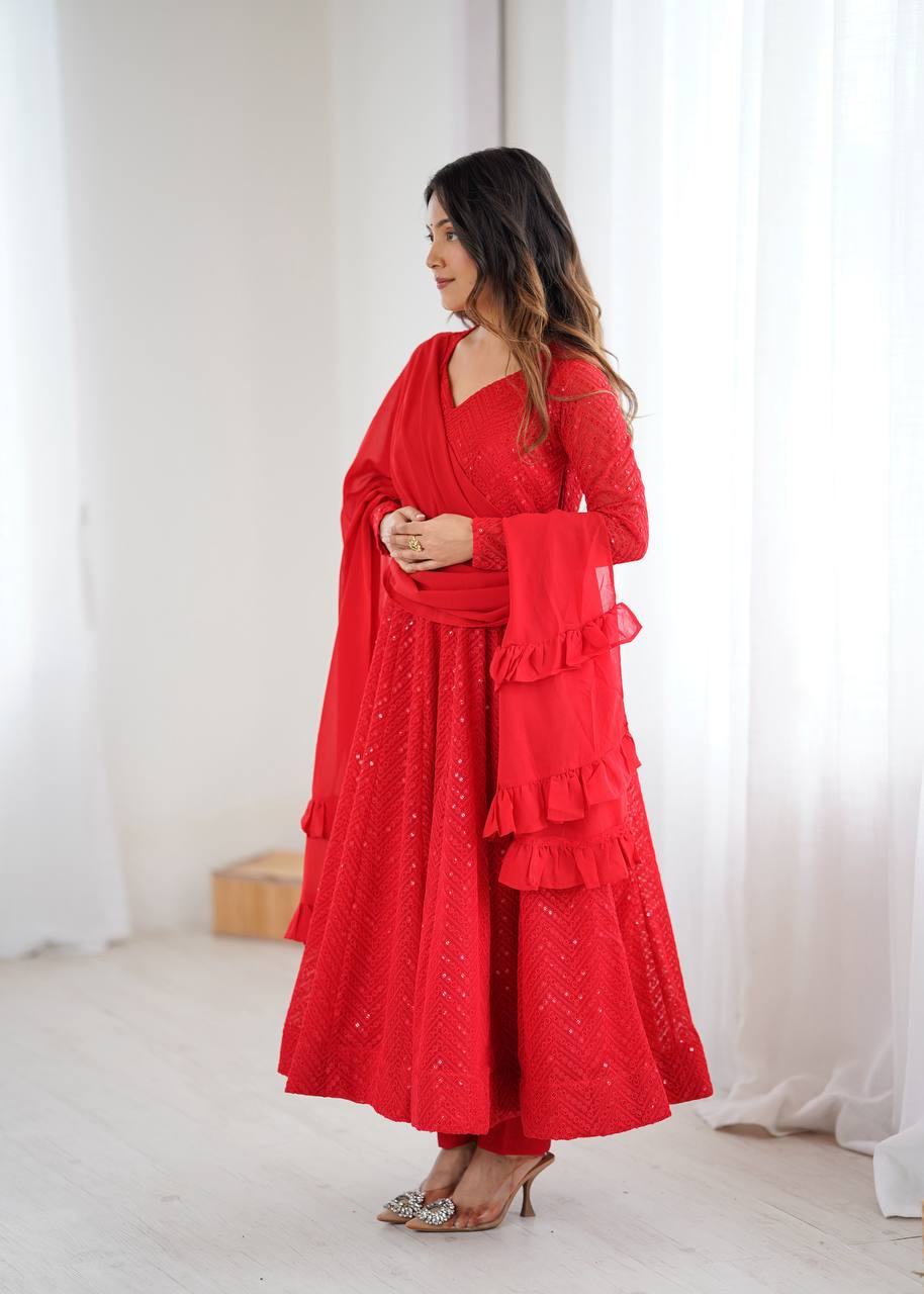 Red Color Lucknowi Work Anarkali Suit with Ruffle Dupatta
