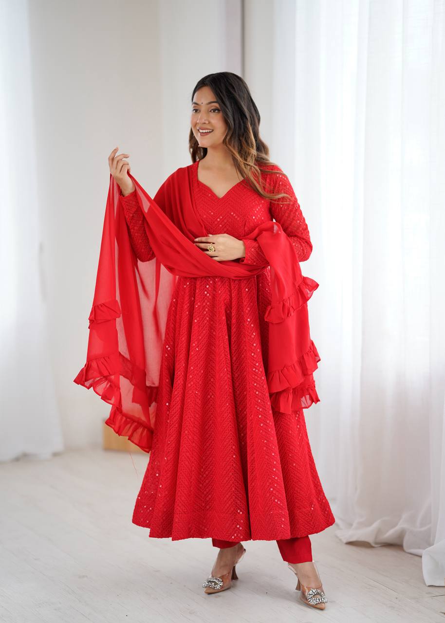 Red Color Lucknowi Work Anarkali Suit with Ruffle Dupatta
