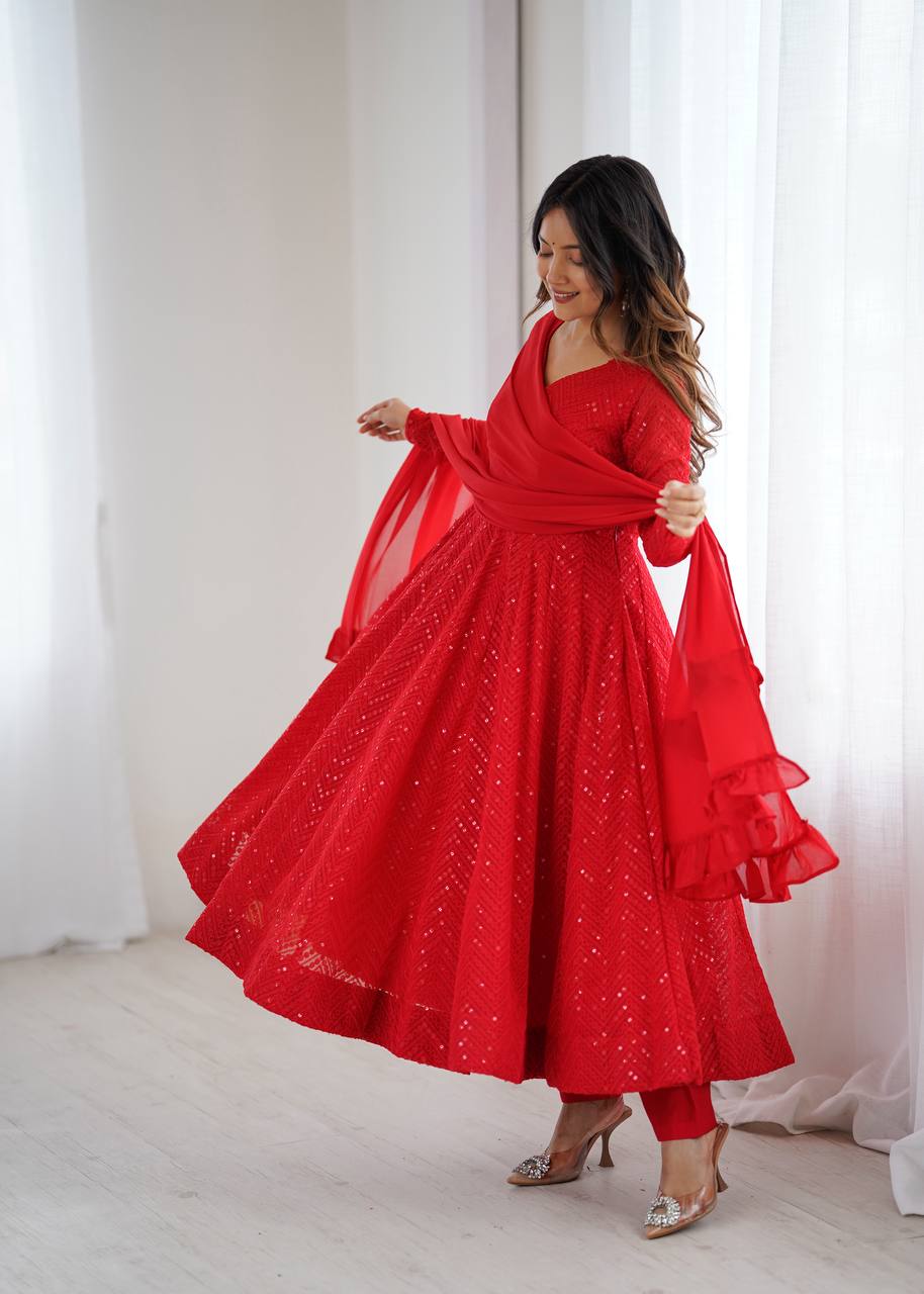 Red Color Lucknowi Work Anarkali Suit with Ruffle Dupatta