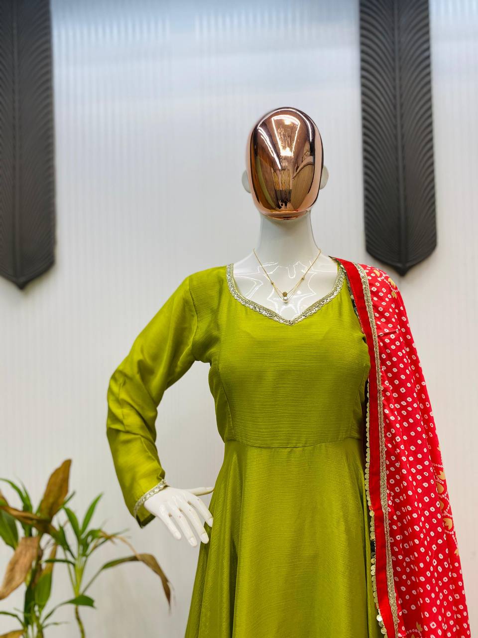 Regal Anarkali Suit Set with Traditional Red Bandhani Dupatta