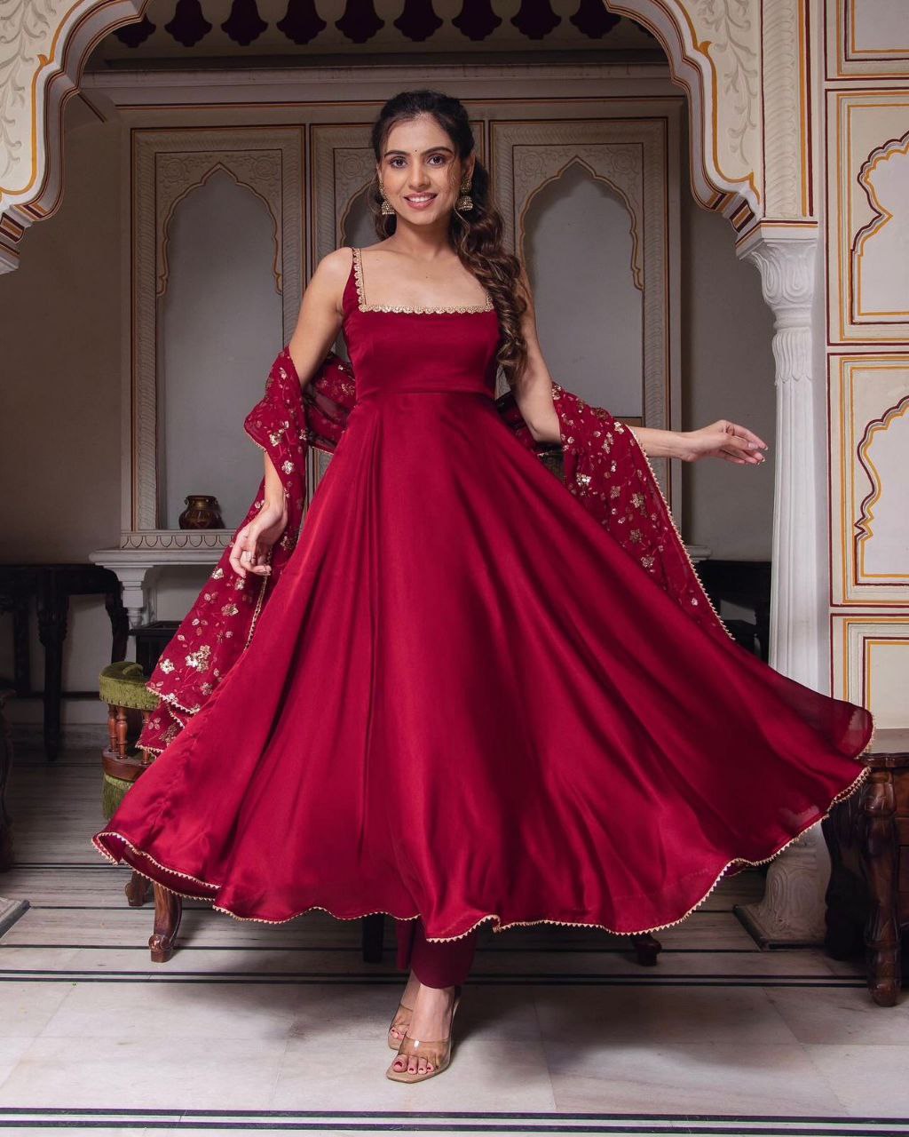 plain satin anarkali dress Blue rangoli satin plain partywear anarkali suit