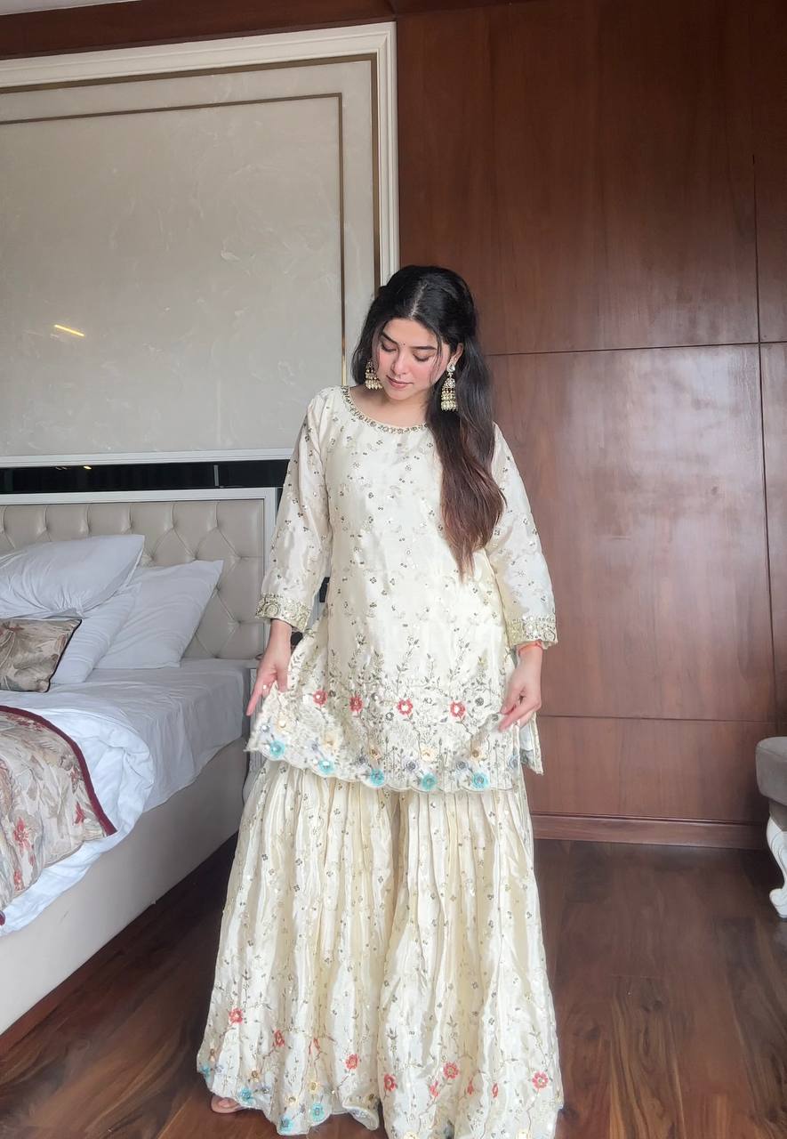 Sehrin Heavy Embroidered Sharara Suit with Sky Blue Dupatta For Functions