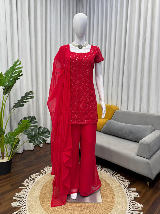 Shagun Red Party Wear Look Top Palazzo And Dupatta With Heavy Embroidery Work