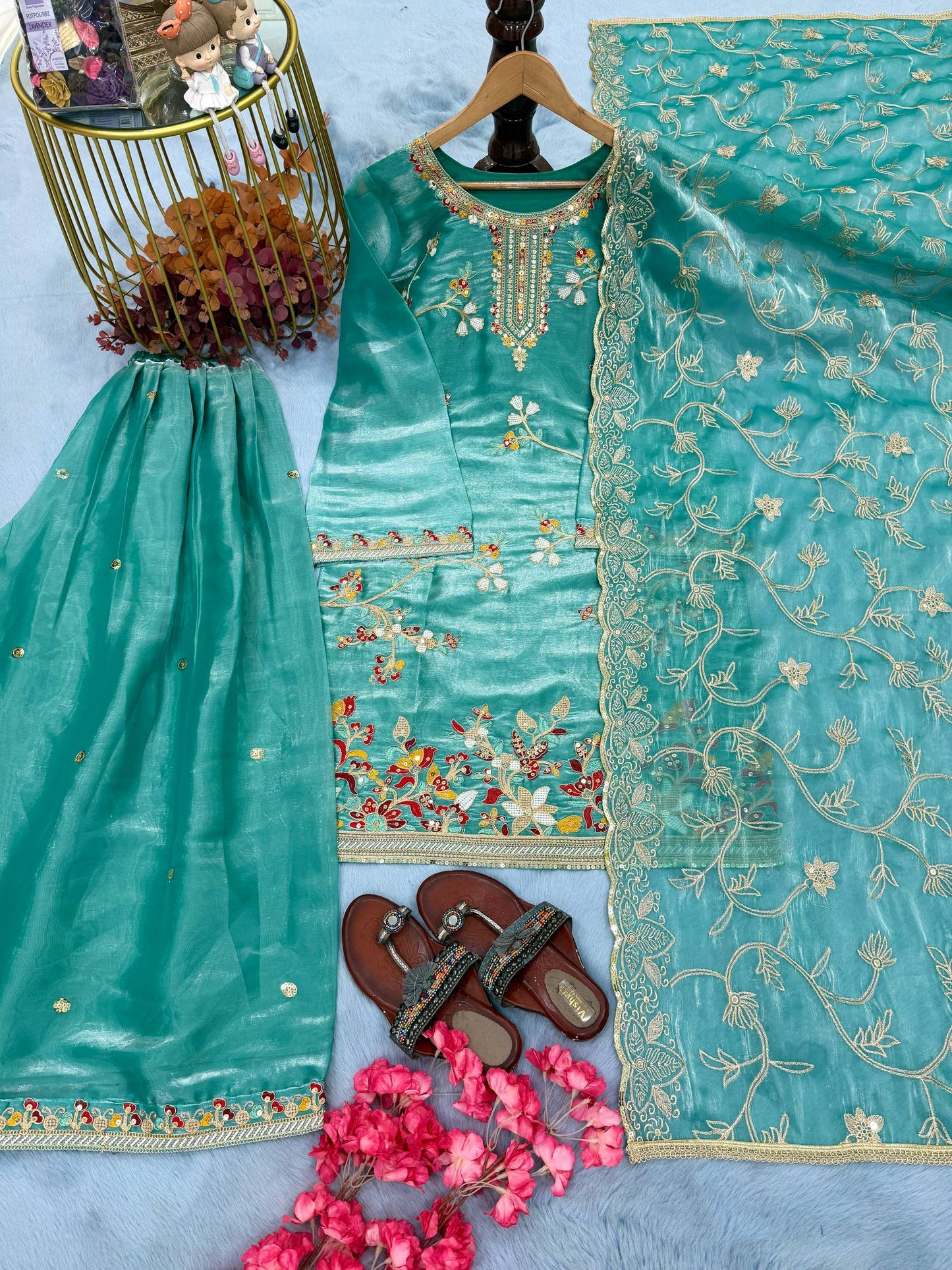 Sky Blue Party Wear Look Silk Top Plazzo Suit Set With Dupatta For Wedding