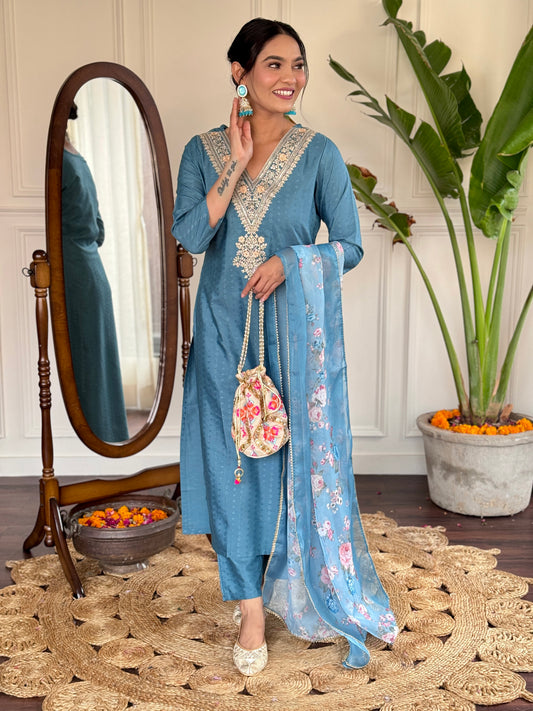Sparkling Blue Embroidered Neck Work Straight Suit Set With Dupatta