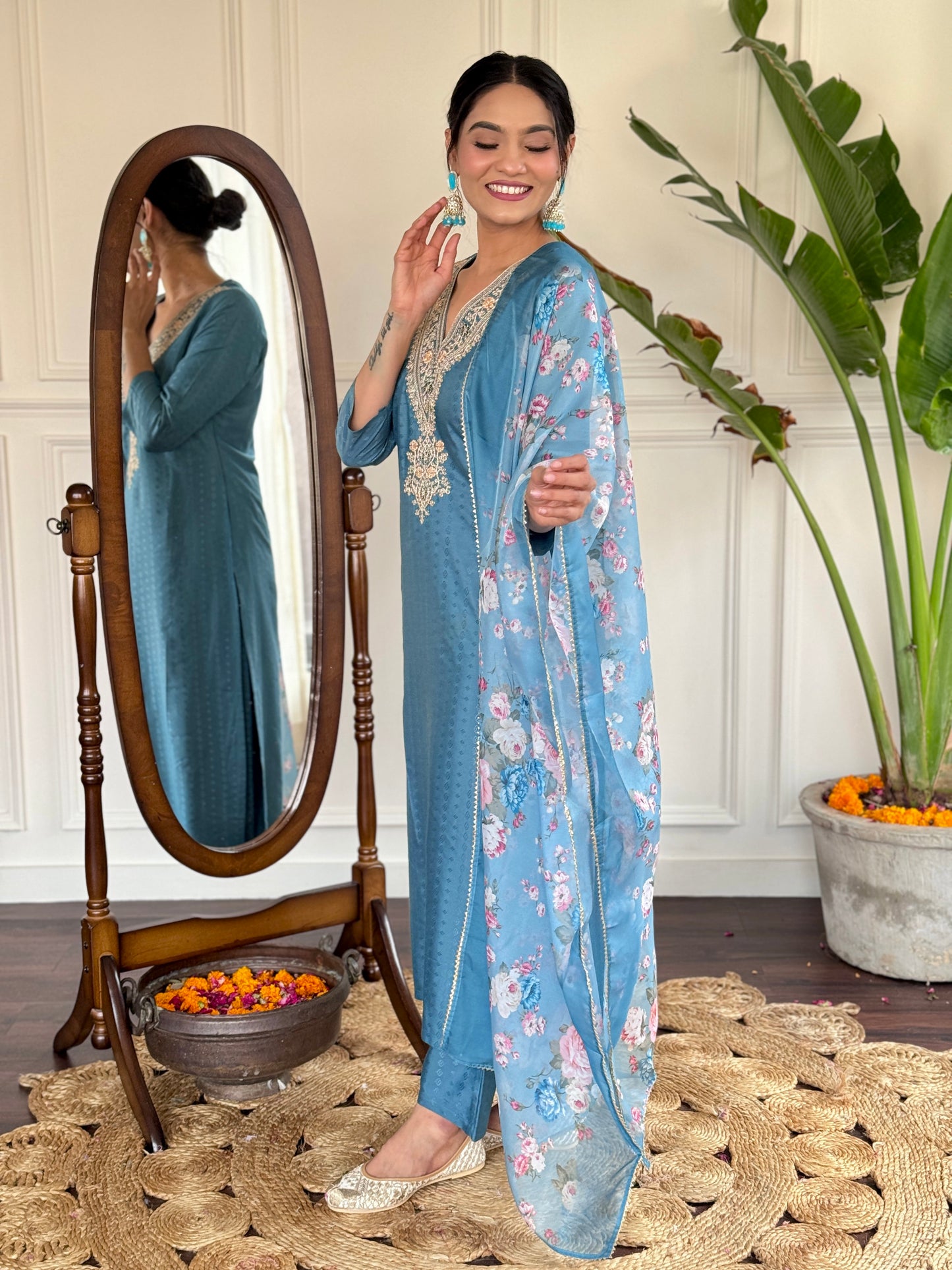 Sparkling Blue Embroidered Neck Work Straight Suit Set With Dupatta