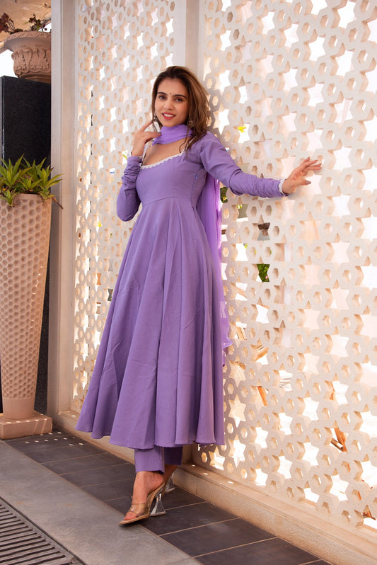 Stylish Lavender Cotton Anarkali Suit for Party Wear