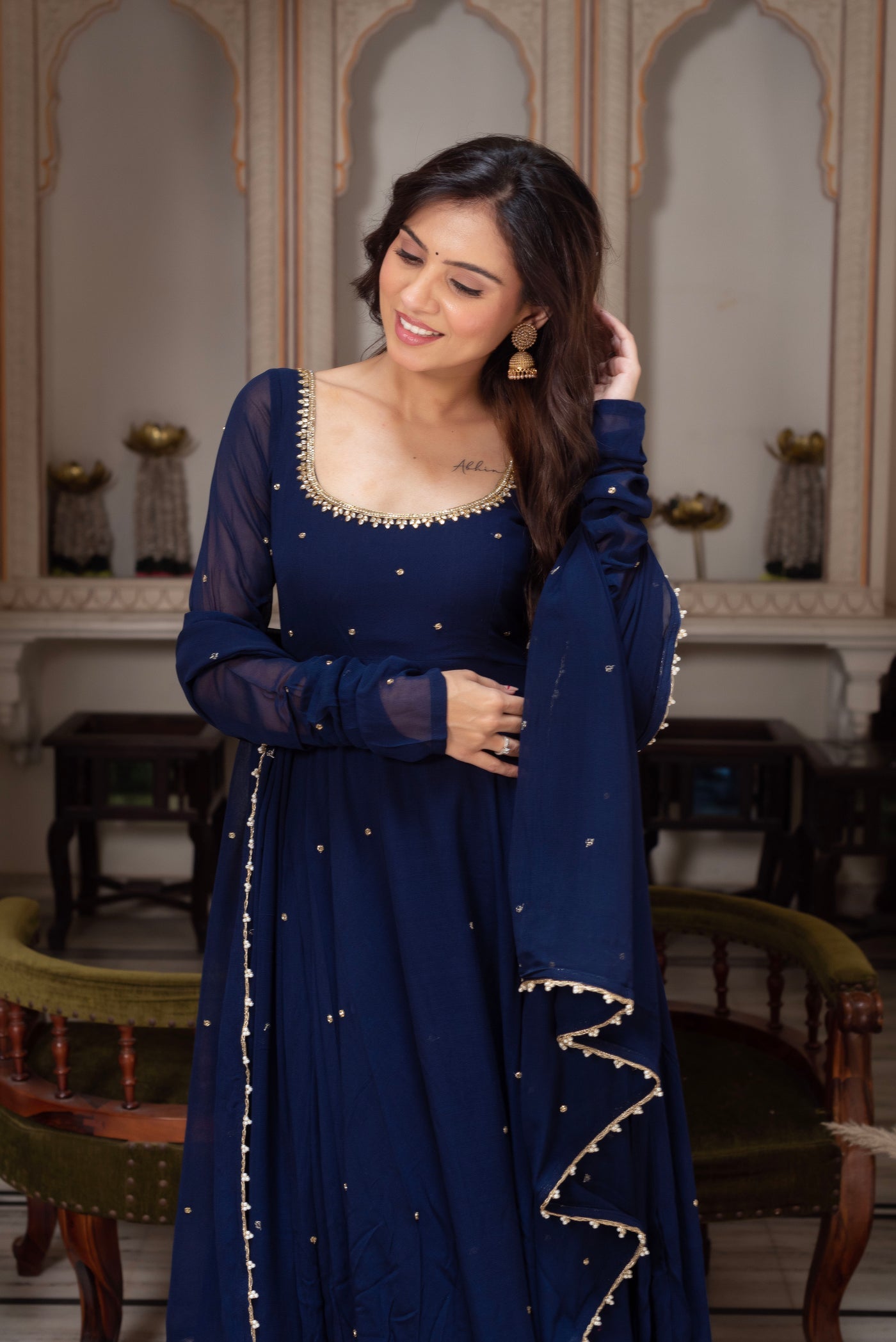 Stylish Navy Blue Georgette Anarkali Suit for Parties