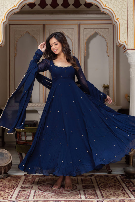 Stylish Navy Blue Georgette Anarkali Suit for Parties