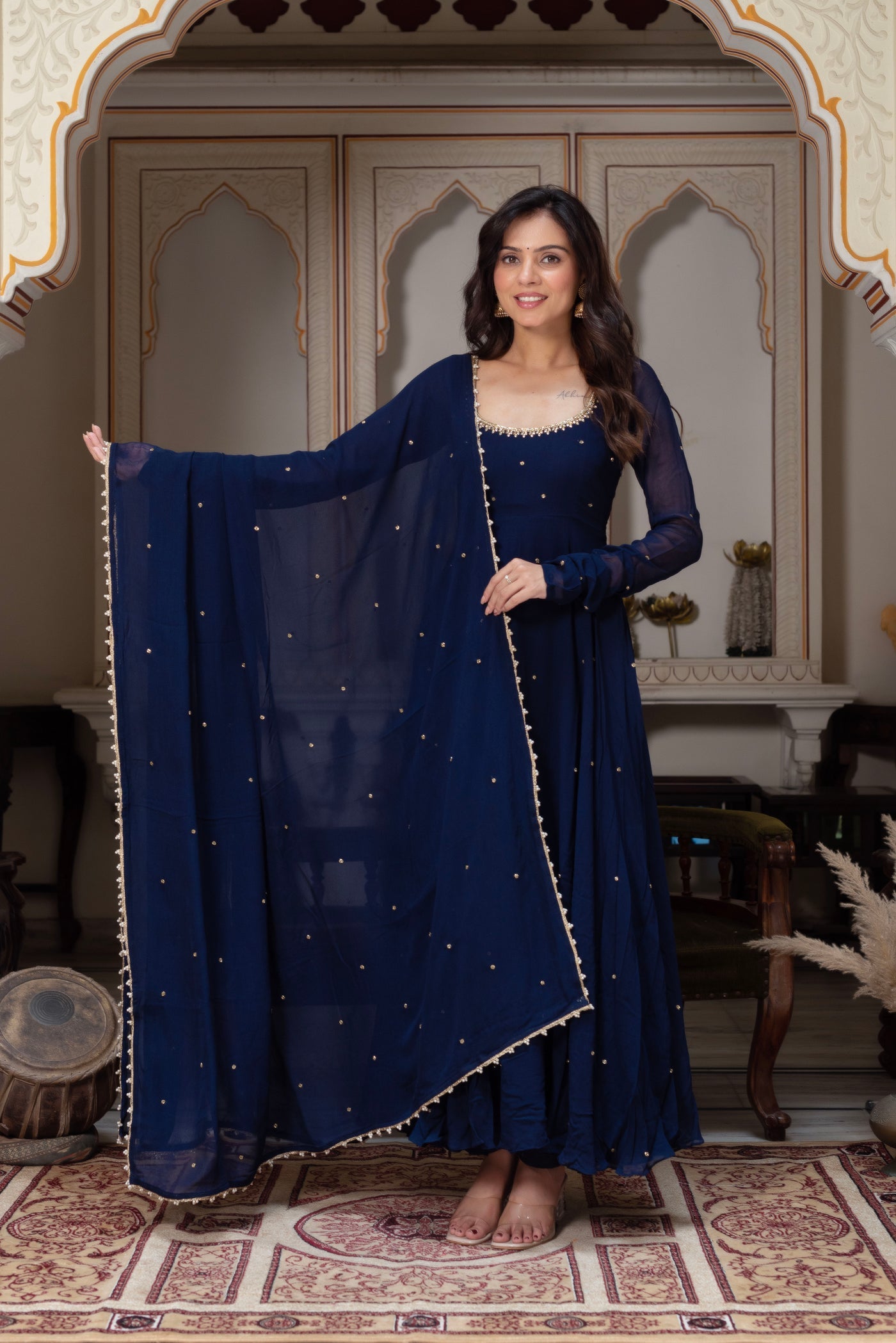 Stylish Navy Blue Georgette Anarkali Suit for Parties