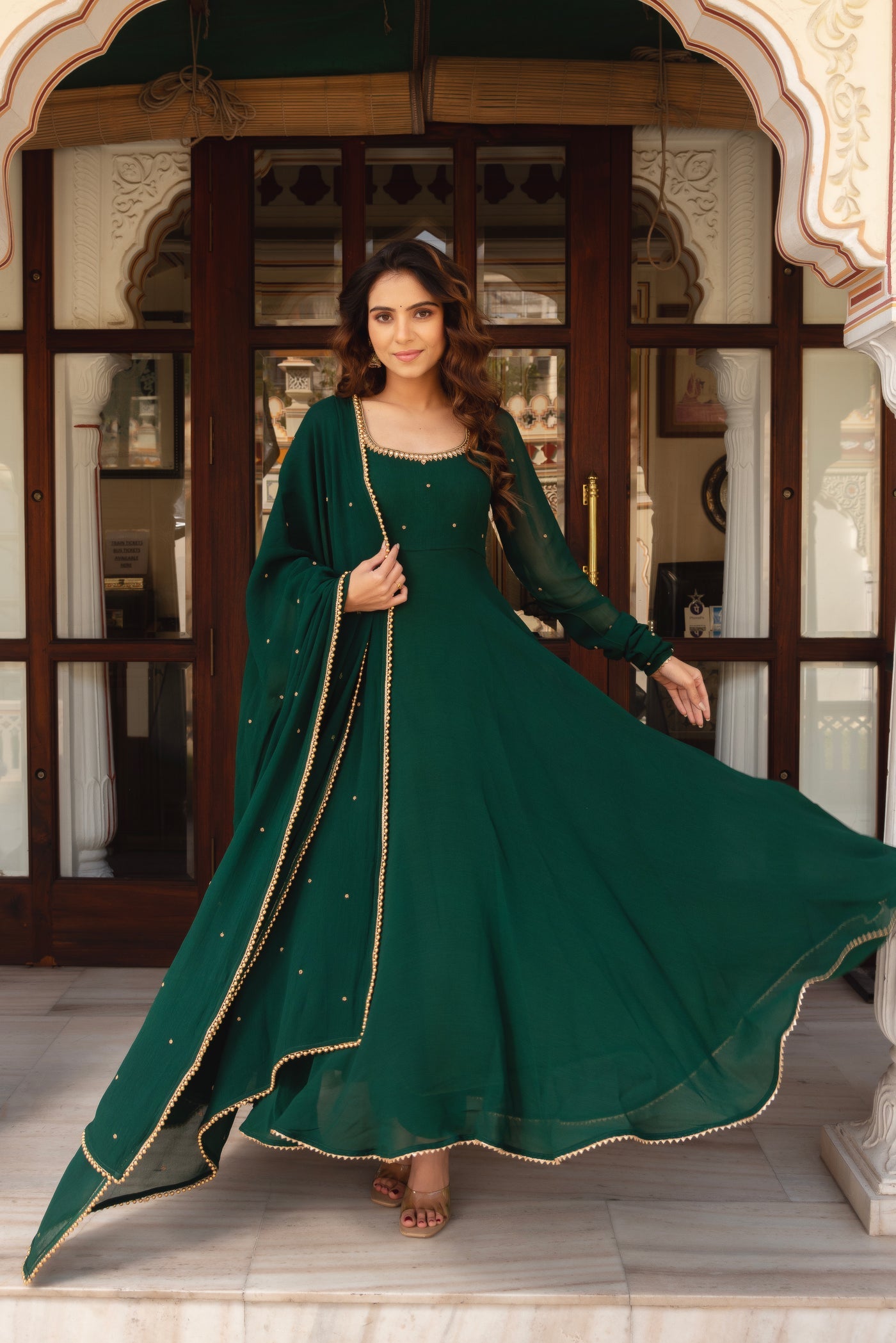 Stylish Dark Green Embellished Anarkali Dress with Dupatta