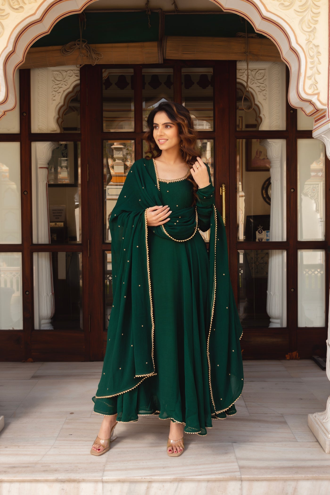 Stylish Dark Green Embellished Anarkali Dress with Dupatta