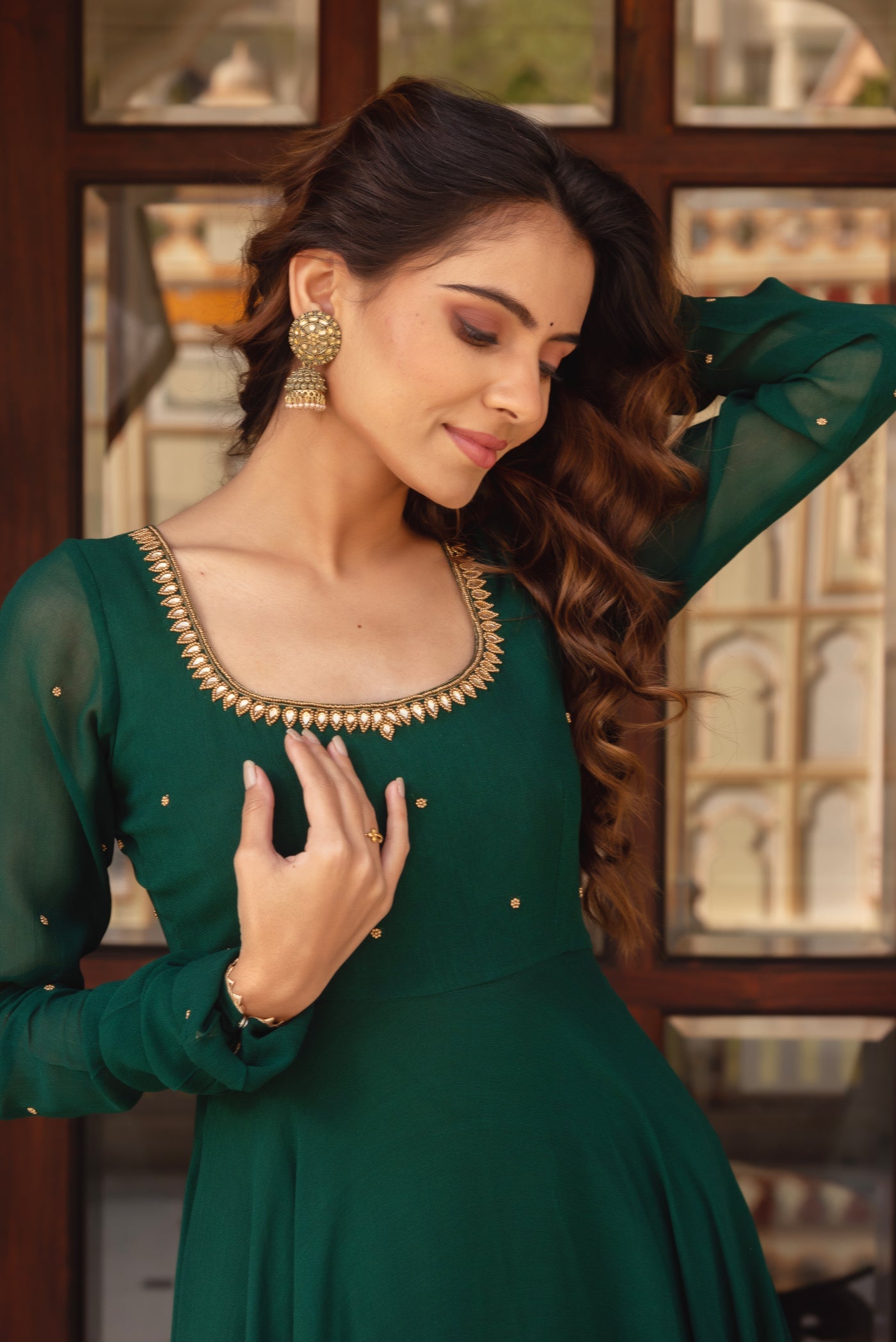 Stylish Dark Green Embellished Anarkali Dress with Dupatta