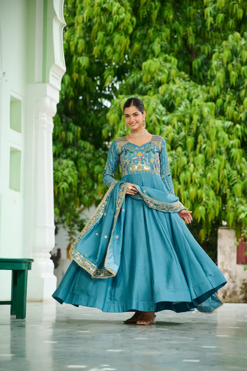 Tara Turquoise Blue Vichitra Silk Gown And Dupatta For Wedding