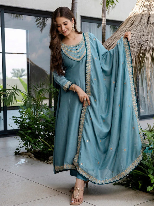 Teal Blue Embroidered Anarkali Kurta Set with Dupatta for Diwali