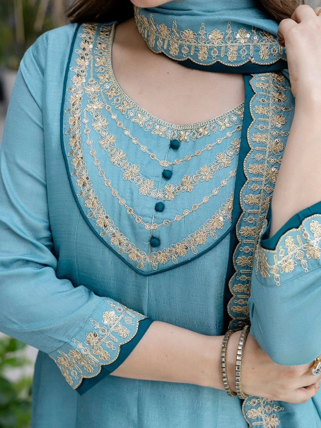 Teal Blue Embroidered Anarkali Kurta Set with Dupatta for Diwali