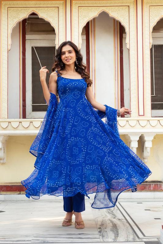 Traditional Blue Georgette Bandhani Printed Anarkali Suit Set With Dupatta