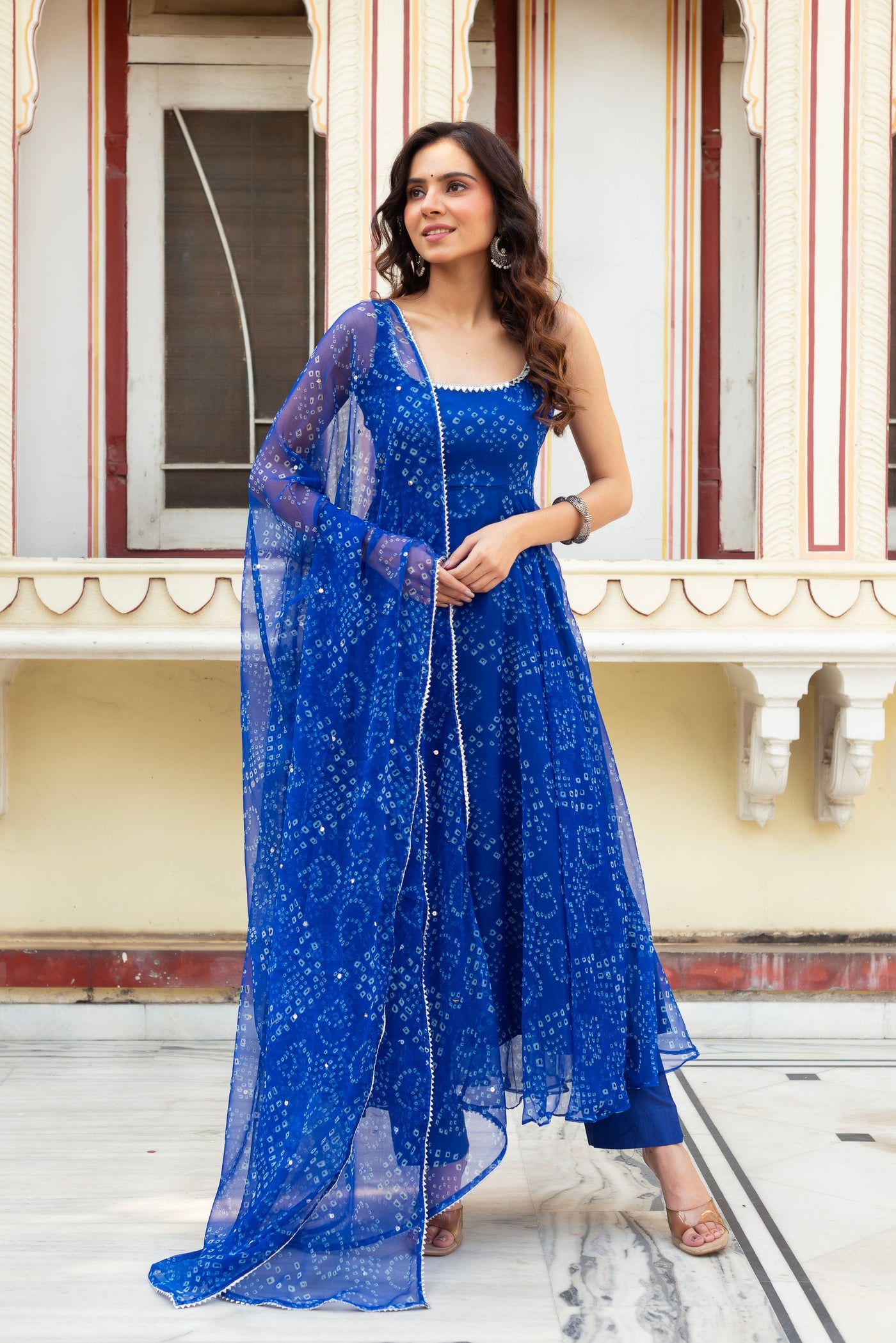 Traditional Blue Georgette Bandhani Printed Anarkali Suit Set With Dupatta