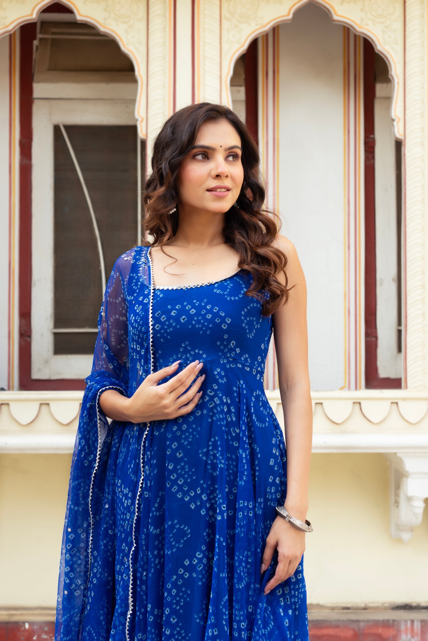 Traditional Blue Georgette Bandhani Printed Anarkali Suit Set With Dupatta