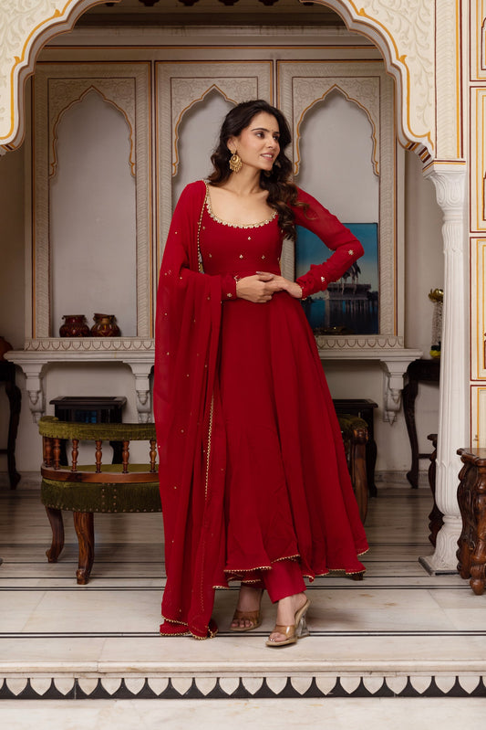 Trendy Maroon Georgette Anarkali Suit Set for Festive Season